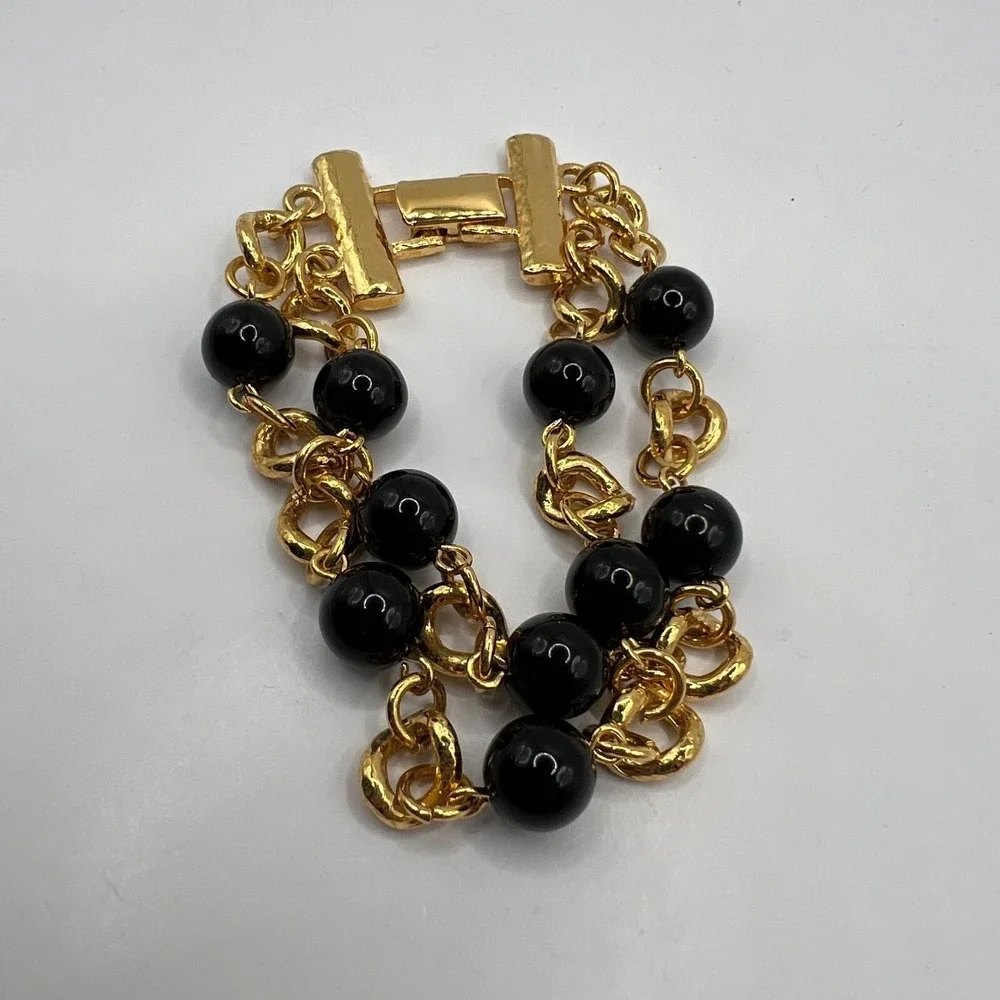 Gold Tone Chain Bracelet‎ Black Beaded Stations 7.5 inch
